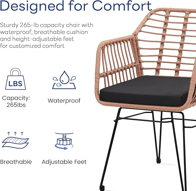 3 Piece Wicker Patio Bistro Furniture Set, Includes 2 Rattan Chairs and Glass Top Table, Ideal for Porch, Outdoor, Backyard, Apartment, Balcony, Natural