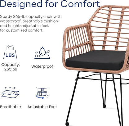 3 Piece Wicker Patio Bistro Furniture Set, Includes 2 Rattan Chairs and Glass Top Table, Ideal for Porch, Outdoor, Backyard, Apartment, Balcony, Natural