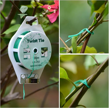 2 Reels 328 Feet (100m) Twist Tie, Green Coated Garden Plant Ties with Cutter for Gardening and Office Organization, Home