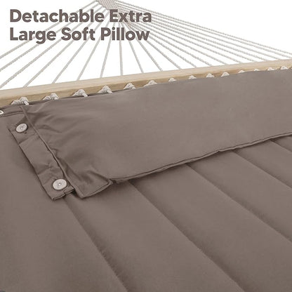 SUNCREAT 55 Inch Extra Large Double Hammock with 12 ft Stand, 475lbs Capacity, Outdoor Portable Hammock with Hardwood Spreader Bar, Extra Large Pillow, Brown