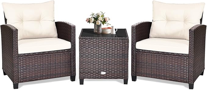 KOTEK 3 Piece Patio Furniture Set, Outdoor Conversation Set with Washable Cushions & Tempered Glass Tabletop, PE Rattan Wicker Bistro Set for Porch, Garden, Balcony (White)