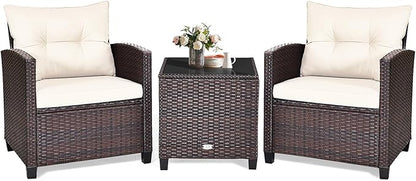 KOTEK 3 Piece Patio Furniture Set, Outdoor Conversation Set with Washable Cushions & Tempered Glass Tabletop, PE Rattan Wicker Bistro Set for Porch, Garden, Balcony (White)