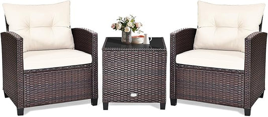 KOTEK 3 Piece Patio Furniture Set, Outdoor Conversation Set with Washable Cushions & Tempered Glass Tabletop, PE Rattan Wicker Bistro Set for Porch, Garden, Balcony (White)