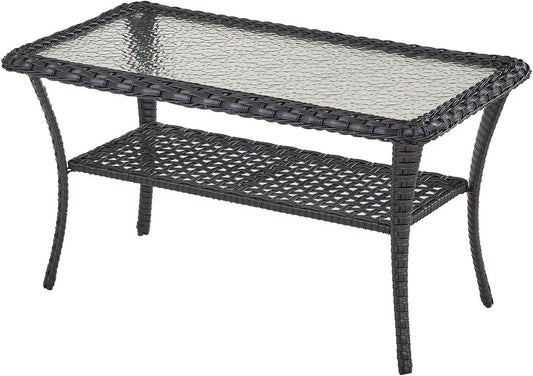 38 Inch Outdoor Coffee Table with 2 Tier Storage - Wicker Coffee Table with Water Ripple Texture Tempered Glass Top, All Weather Patio Coffee Table for Deck Porch Balcony Garden Black
