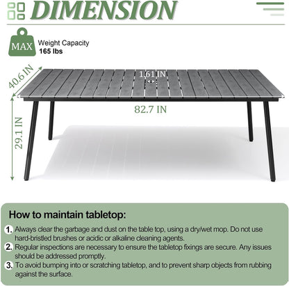 Outdoor Dining Table for 6-8, 82.7 inch Patio Dining Table with Wooden-Like Top and Aluminum Frame, Rectangular Table with Umbrella Hole Outdoor Furniture, Grey