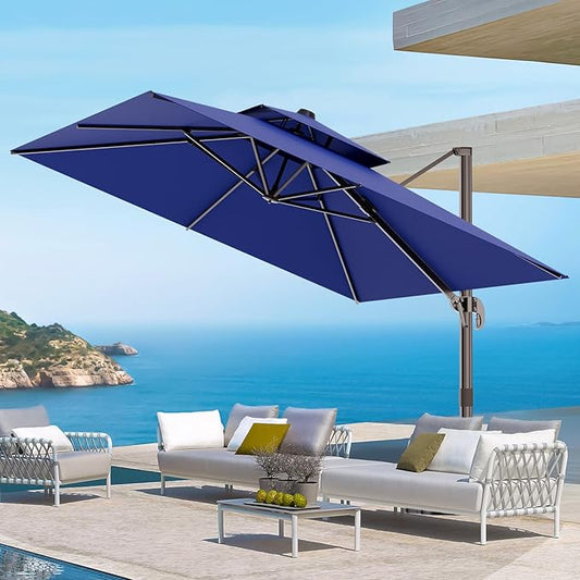 9' X 12' Cantilever Outdoor Patio Umbrellas Double Top Large Rectangle Umbrella Heavy Duty 360°Rotation Offset Umbrella for Garden Deck Pool Patio,Navy Blue