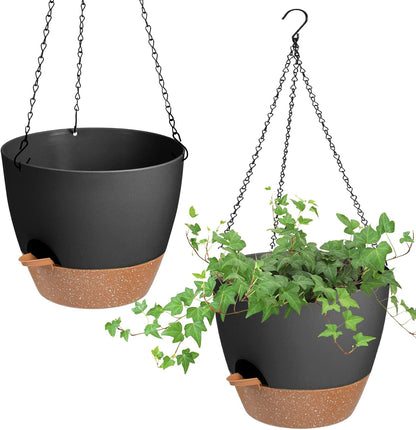 Hanging Planters for Indoor Outdoor Plants, 2 Pack Self Watering Hanging Pot with Drainage Holes & Removable Tray (Black, 8'')