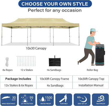 COBIZI 10x30 Pop up Canopy Heavy Duty Without Sidewalls, Easy Set-up Commercial Outdoor Party, 100% Waterproof Wedding Canopy Gazebo, 3 Height Adjustable with Wheeled Bag, Khaki