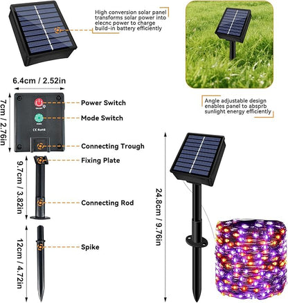 Solar String Lights Outdoor Waterproof 2 Pack Total 66ft 200LED 8 Modes Twinkle Lights Solar Fairy Lights for Patio, Garden Yard Party Tree Christmas Halloween Decoration, Orange + Purple