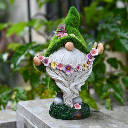 Garden Flocked Gnomes Decor for Yard - Artificial Green Moss Gnome Statue with Solar Light, Dwarf Sculpture for Outdoor Patio Porch Lawn Decor, Spring Decorations for Home