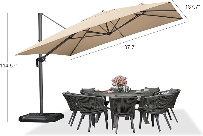 PURPLE LEAF 11.5' X 11.5' Telescopic Patio Umbrella Outdoor Cantilever Umbrella Square Up Down Lifting Offset Umbrella with 360-degree Rotation for Garden Deck Pool Patio Beige