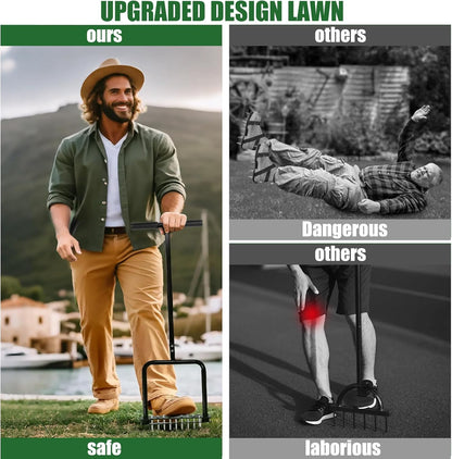 Lawn Aerator Tool,Manual Stainless Steel Spike Aerator Lawn Tool with Spring Base, Automatic Dirt and Leaf Clean Design, Adjustable T-Handle, Soil Loosening, Yard Aerating, Garden Tool Black