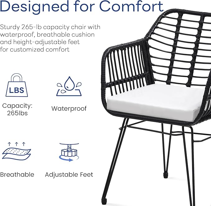 3 Piece Wicker Patio Bistro Furniture Set, Includes 2 Rattan Chairs and Glass Top Table, Ideal for Porch, Outdoor, Backyard, Apartment, Balcony, Black