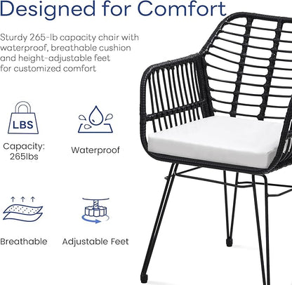 3 Piece Wicker Patio Bistro Furniture Set, Includes 2 Rattan Chairs and Glass Top Table, Ideal for Porch, Outdoor, Backyard, Apartment, Balcony, Black