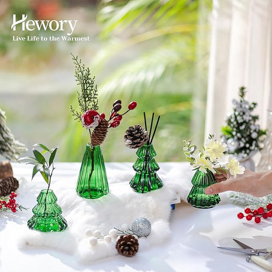 Glass Christmas Tree Propagation Stations: Hewory 4 PCS Propagation Vases for Plant Hydroponic Cutting Flowers - Green Christmas Tree Shaped Planter Pot for Home Holiday Decor Gifts