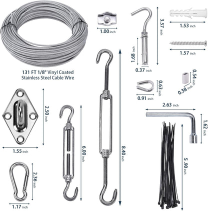 Shade Sail Hardware Kit 6 inch with 131FT 1/8" Wire Rope Kit for Triangle Rectangle Sun Shade Sail Outdoor Installation turnbuckles for Cables Wire for Outdoor,Garden,Kitchen,Craft,243PCS
