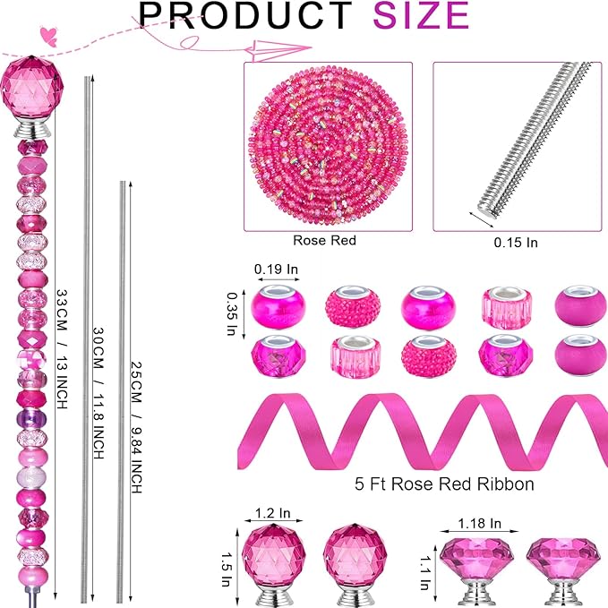 119 Pcs Garden Stake Diy Fairy Wand Plant Stake with Rose Red Large Hole Beads Crystal Diamond Stopper Top 4 Stainless Steel Threaded Rod Beaded Garden Stakes For Outdoor Indoor Yard Patio Decorations