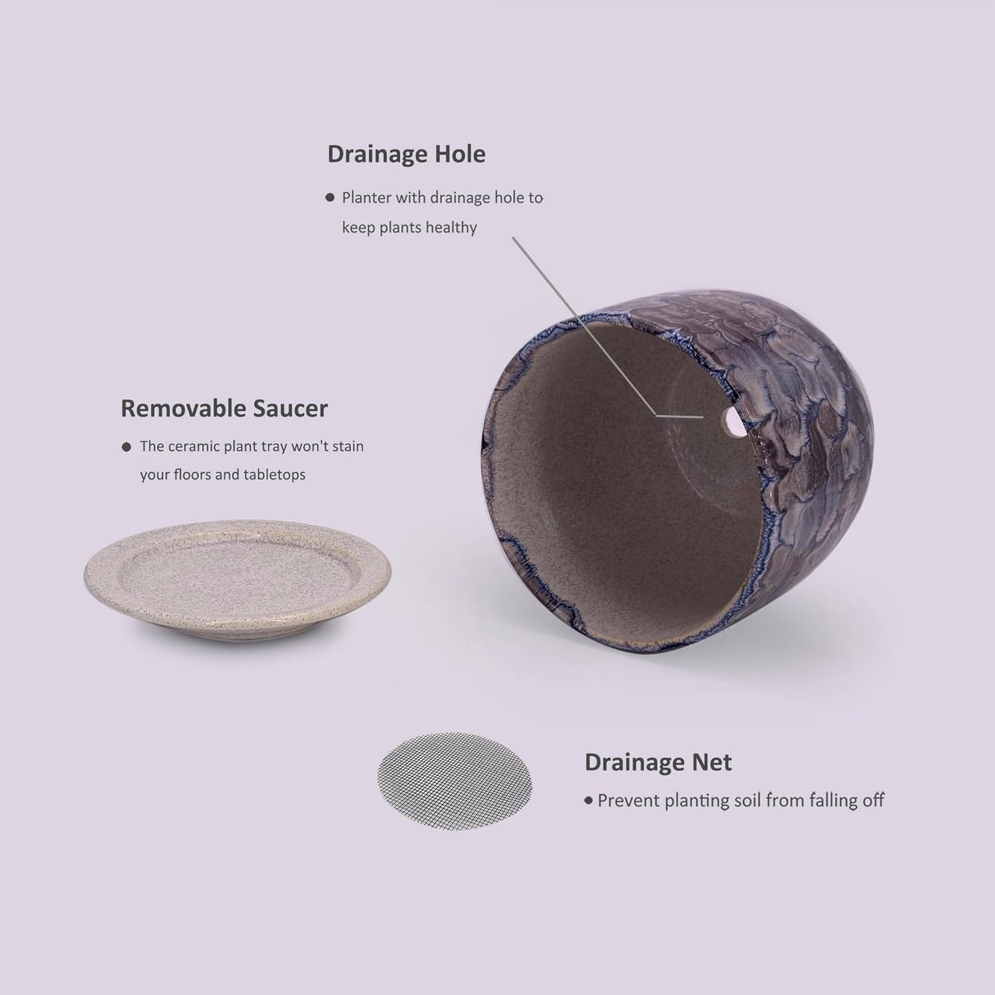 6 in Ceramic Plant Pot with Saucer，Indoor Plant Pot for Plants, Flower Pot with Drainage，Reactive Glaze Grey