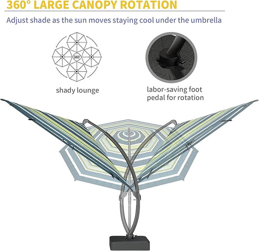 Kingdura 12ft Offset Cantilever Patio Umbrella with Base Included, Large Round Aluminum Outdoor Umbrella, 360° Rotation & Infinite Tilt, Heavy Duty Frame for Deck Pool Backyard, Green Stripe