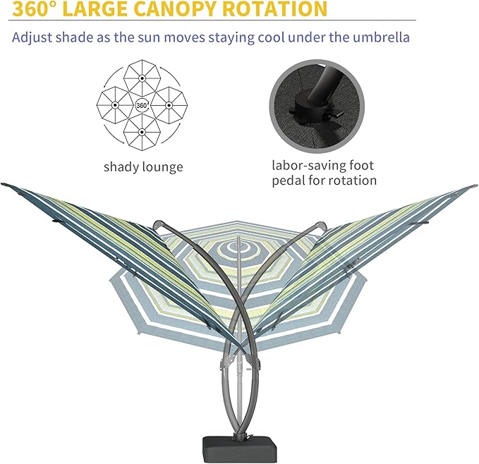 Kingdura 11ft Offset Cantilever Patio Umbrella with Base Included, Large Round Aluminum Outdoor Umbrella with 100% Acrylic Fabric, 360° Rotation & Infinite Tilt for Deck Pool Backyard, Green Stripes