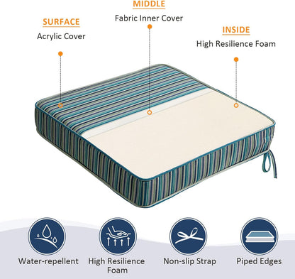 Sunbrella Square Corner Seat Cushions, 19" x 19" x 3", Set of 4, Indoor Outdoor Water Repellent Universal Chair Pads with Ties for Patio Furniture, Garden Dining Chairs, Swell Turquoise