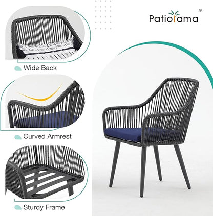 Patiorama 5-Piece Patio Dining Set, Outdoor Dining Table Chair Set, All-Weather Twisted Rattan Wicker Rope Conversation Set, Patio Furniture Set w/Umbrella Hole, 4 Cushioned Chairs&Glass Table(Blue)