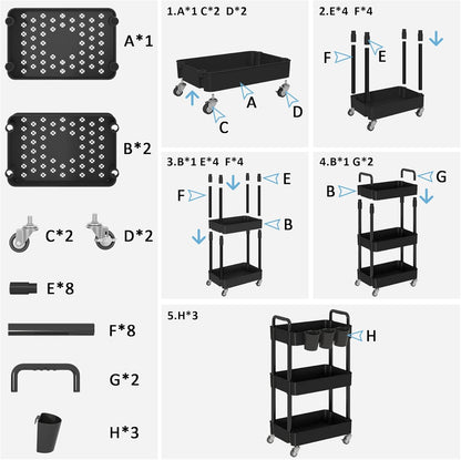 UDEAR 3-Tier Rolling Utility Cart,Multifunctional Storage Shelves with Handle and Lockable Wheels for Room,Office,Kitchen,Bathroom,with 3 Hanging Cups,White