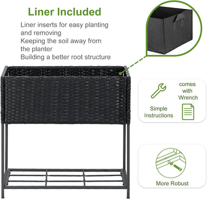 LEWIS&WAYNE Raised Garden Beds Outdoor with Legs Handmade Wicker Planter Box with Removable Liner & Storage Shelf Elevated Garden Bed for Vegetable Flower Herb - Black