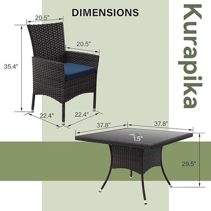 Kurapika 10-Piece Patio Furniture Outdoor Dining Set, Wicker Rattan Patio Dining Table and Chairs Set, Square Tempered Glass Tabletop with Umbrella Hole and 8 Chair Set, for Patio, Backyard, Navy Blue