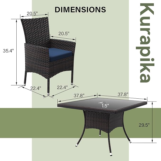 Kurapika 15-Piece Patio Furniture Outdoor Dining Set, Wicker Rattan Patio Dining Table and Chairs Set, Square Tempered Glass Tabletop with Umbrella Hole and 12 Chair Set, Navy Blue