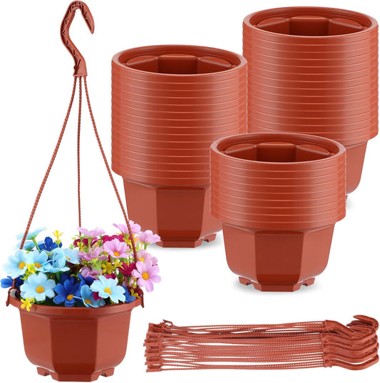 Roshtia 24 Pcs Hanging Plastic Planter Pot with Hook Flower Pots Baskets Hanging Nursery Planter Holder for Outdoor Indoor Plant Garden(Brown,6 Inch)