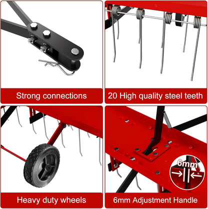 40inch Tow Behind Dethatcher with 20 Spring Steel Tines, Lawn Tractor Rakes with Lift Handle, Tow Behind Rake to Remove Thatch, Riding Lawn Mower Attachments for Outdoor Yard Tools Lawn Care
