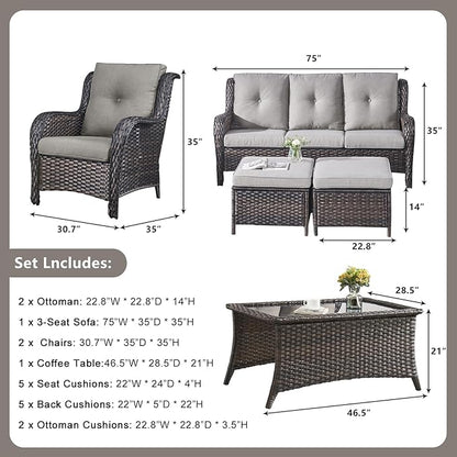 Rilyson Outdoor Patio Wicker Furniture Set - 6 Piece Rattan Patio Conversation Sectional Sofa Set with 1 Couch,2 Armchairs,2 Ottomans and 1 Glass Top Coffee Table for Porch Deck Garden(Brown/Grey)