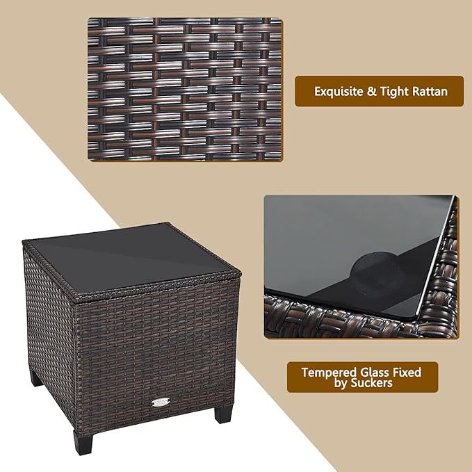 KOTEK 3 Piece Patio Furniture Set, Outdoor Conversation Set with Washable Cushions & Tempered Glass Tabletop, PE Rattan Wicker Bistro Set for Porch, Garden, Balcony (Navy Blue)