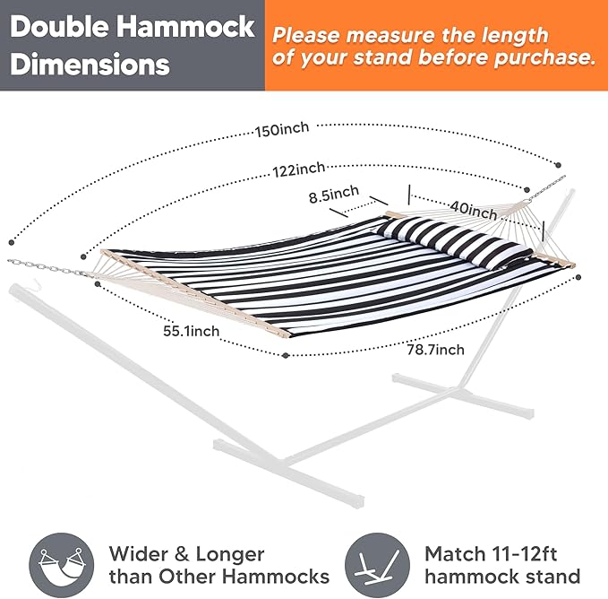 SUNCREAT Double Quilted Hammock with Hardwood Spreader Bar, Extra Large Soft Pillow, Heavy Duty 2 Person Hammock for Indoor, Outdoor, Black Stripes