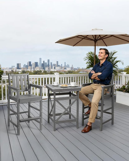 QUASCO Outdoor Adirondack Chairs and Table 3-Piece Sets, Adirondack Bar Table and Height Chairs Set of 2, HDPE Outdoor Bar Stools Set for Bistro, Patio, Balcony, Poolside, Grey