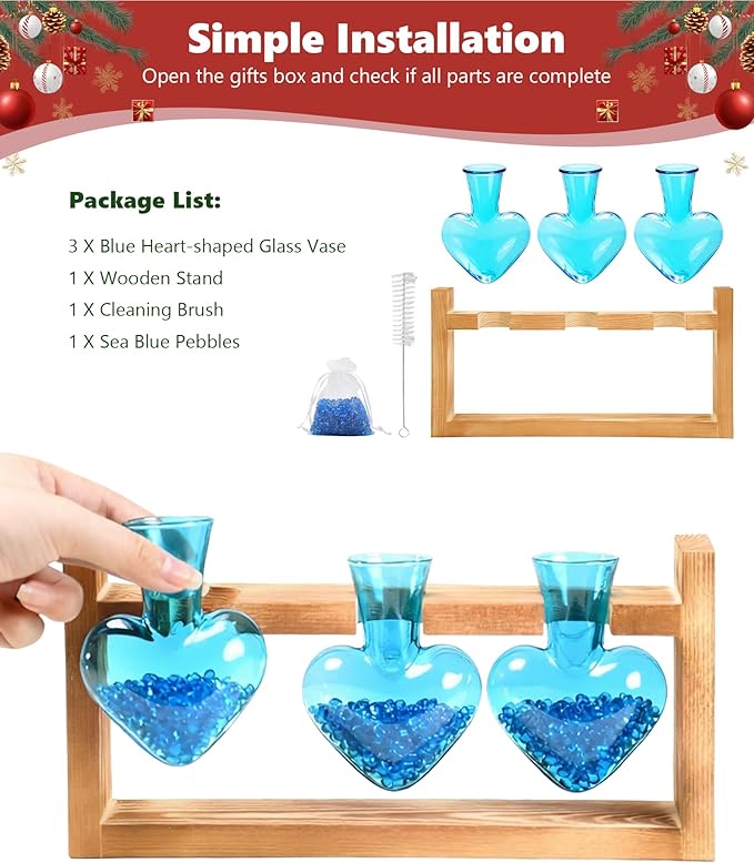Nacome Plant Terrarium Propagation Stations: Birthday Gifts for Plant Lovers Women Mom Wife - Wooden Stand Tabletop Planter 3 Bulb Glass Vase Heart Shaped for Hydroponics Indoor Home