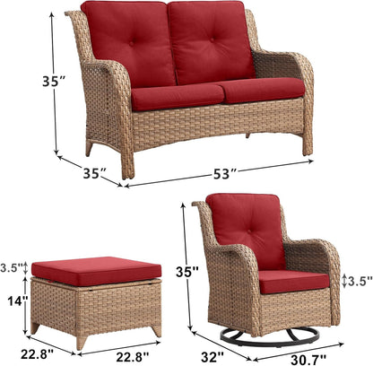 Outdoor Wicker Patio Furniture Set - 5 Piece Rattan Patio Conversation Set with 2 Rocking Swivel Chairs,2 Ottomans and 1 Loveseat for Porch Deck Backyard Garden(Yellow/Red)
