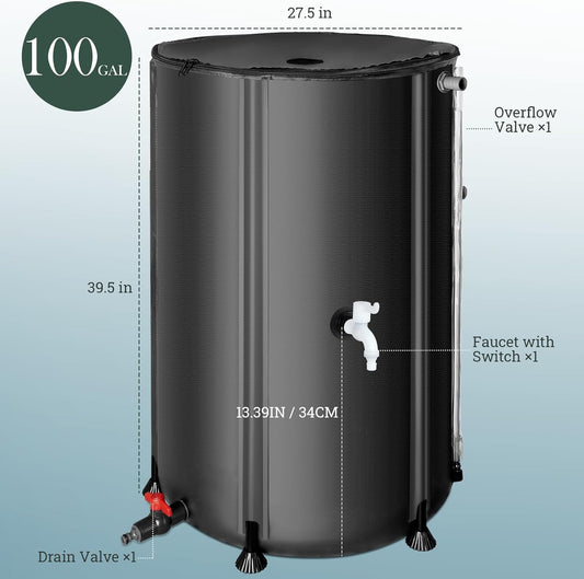 100 Gallon Collapsible Rain Barrel, SKM Portable Rain Water Collection Barrel for Garden/Outside/Lawn, PVC Rainwater Collection System Water Tank Storage Container with Spigots & Overflow Kit, Black