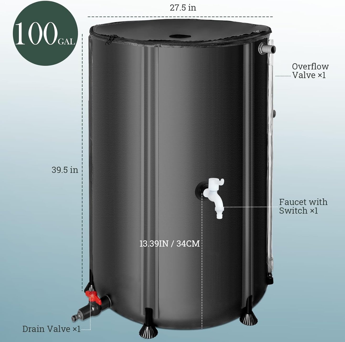 100 Gallon Collapsible Rain Barrel for Garden/Outside/Lawn, Portable Rainwater Collection System, Rain Barrel to Collect Rainwater from Gutter, Water Storage Tank with Two Spigots, Overflow Kit, Black