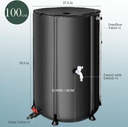 100 Gallon Collapsible Rain Barrel for Garden/Outside/Lawn, Portable Rainwater Collection System, Rain Barrel to Collect Rainwater from Gutter, Water Storage Tank with Two Spigots, Overflow Kit, Black