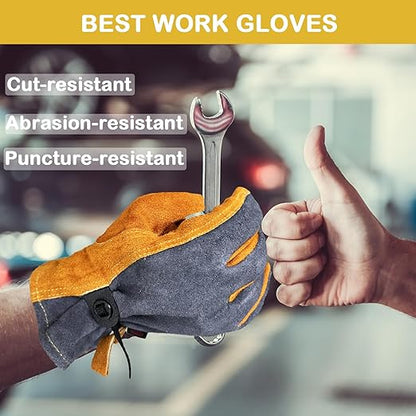 Leather Work Gloves for Women with Cotton Lining, Thorn Proof Gardening Gloves for TIG/MIG Welding, Construction (Orange, Medium)