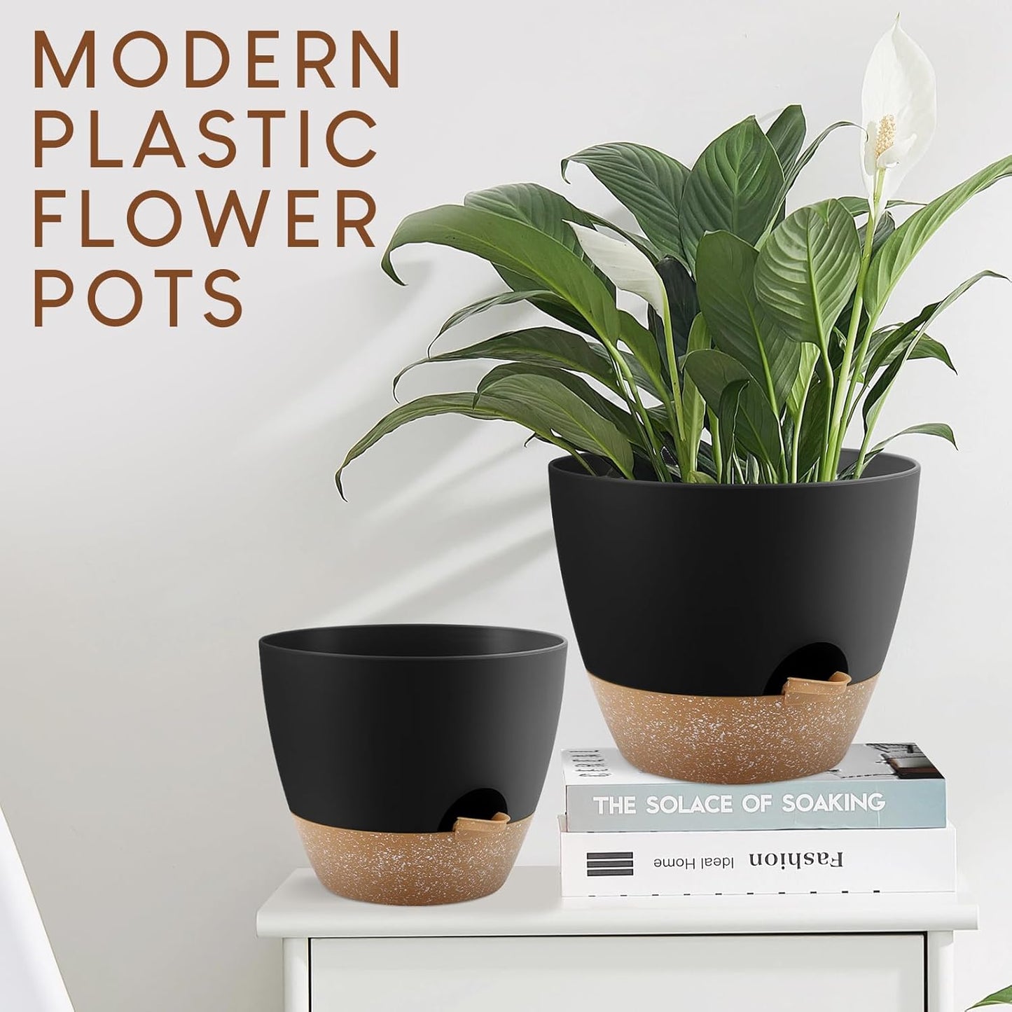 Plant Pots 10/9/8/7.5/7 inch, Self Watering Planters with Drainage Holes & Saucers for Indoor and Outdoor Plants (Black)