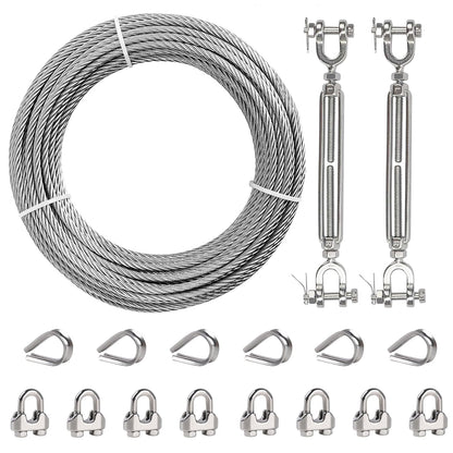 1/4" Wire Rope Kit, 100ft Stainless Steel Cable with 2Pcs 1/4 Turnbuckle, Clamp & Thimble, 7x19 Strands Heavy Duty Metal Cable,1400 lbs Load Limit, Turnbuckles for Cables Wire, Zipline
