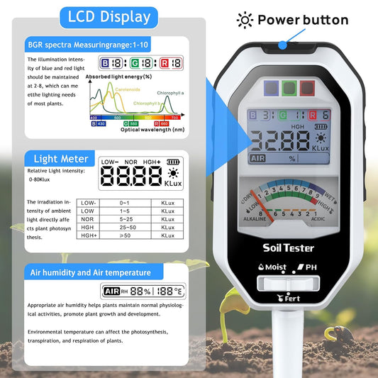 Soil Moisture Meter, 7-in-1 Soil PH Tester/Soil Moisture/Fertility with Removable Probe, LCD Display Air Temp/Air Humidity/Sunlight Intensity/BGR Spectral for Plants Garden, Lawn,Indoor Outdoor Plants
