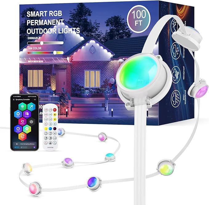 JOH Permanent Outdoor Lights, 100FT with RGB+IC Smart LED Outdoor Lights for House, App & Remote Control, DIY Scene Modes, IP67 Waterproof Christmas Light, Holiday, Party, Halloween Decorations