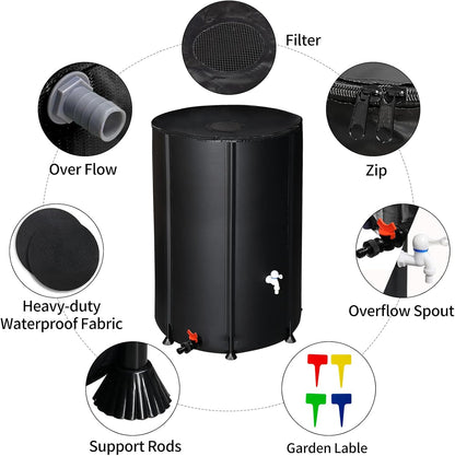 100 Gallon Collapsible Rain Barrel, Water Storage Tank, Portable Rainwater Collection System, Rain Catcher Barrel with Two Spigots and Overflow Kit, Rain Water Barrel Collector for Garden, Black