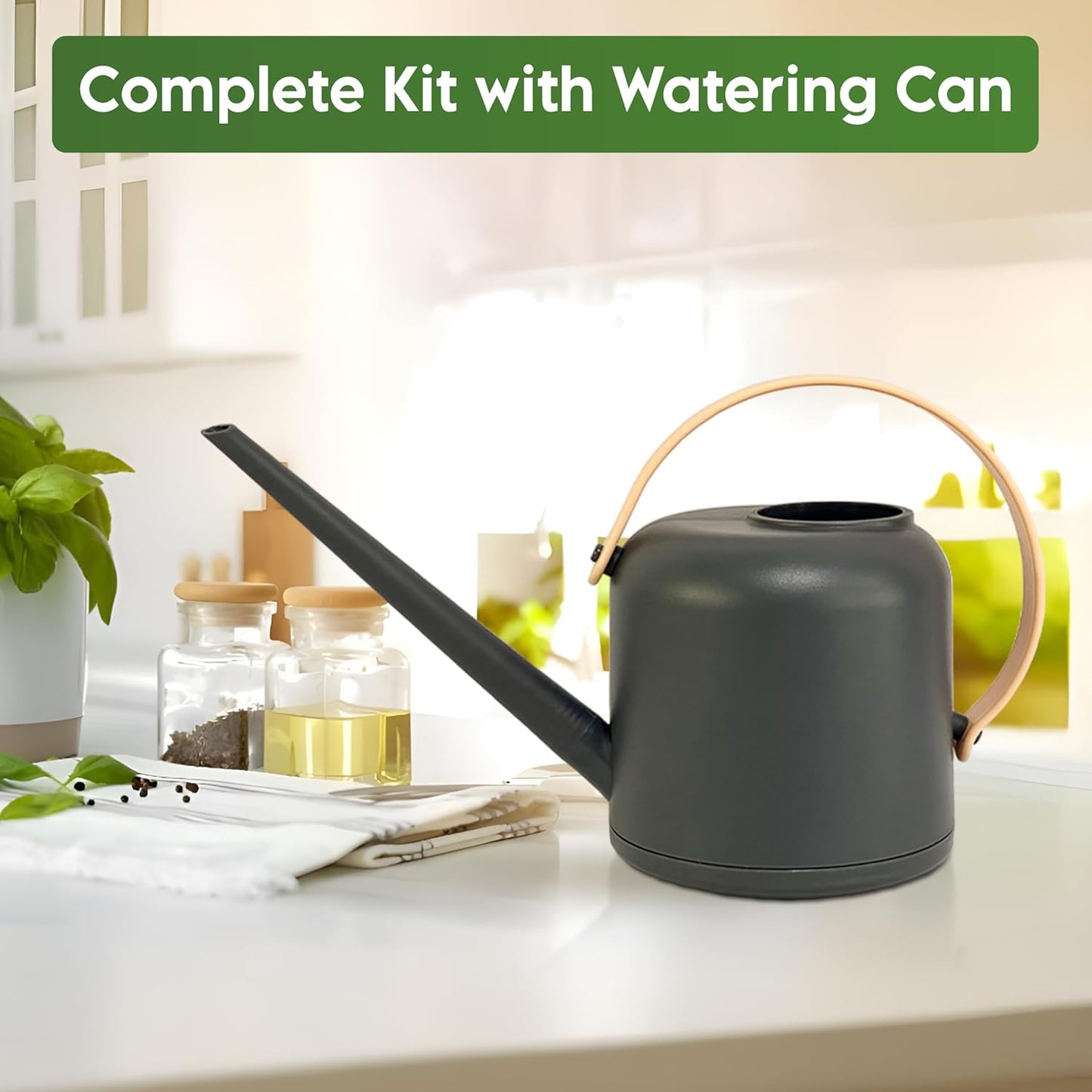 Indoor Garden Kit - Plant Pots with Drainage, Watering Can & Tools - Ideal Windowsill Planter Set - Modern Home & Kitchen Decor Gift - Black