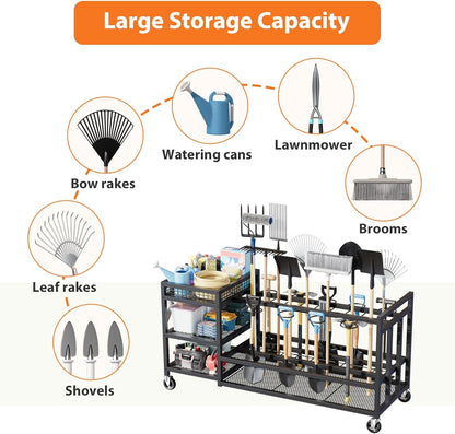 Garden Tool Organizer with Wheels-Movable Garden Tool Rack with Storage Hooks for Long-Handled Tools/Rakes/Brooms/Shovels,Heavy Duty Metal Garden Tool Storage for Garage,Shed,Garden,Black