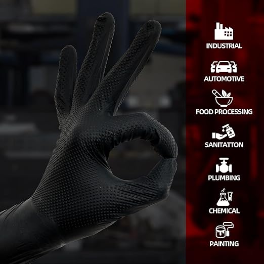Jointown Basic Heavy Duty Nitrile Gloves, Mechanic Gloves 8 Mil Nitrile Disposable, with Raised Diamond Texture, Case of 100, Black, Large